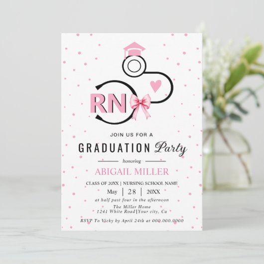 Nursing shool stethoscope pink RN graduation 招待状 (スタンド正面)
