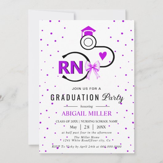 Nursing shool stethoscope purple RN graduation 招待状 (正面)