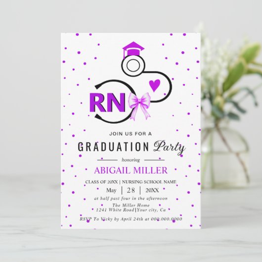 Nursing shool stethoscope purple RN graduation 招待状 (スタンド正面)