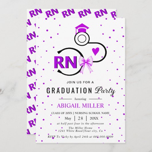 Nursing shool stethoscope purple RN graduation 招待状 (正面/裏面)
