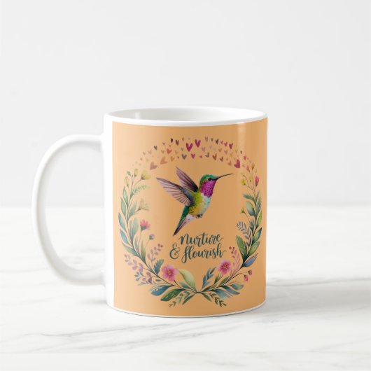 Nurture and Flourish Hummingbird Floral Design コーヒーマグカップ (左)