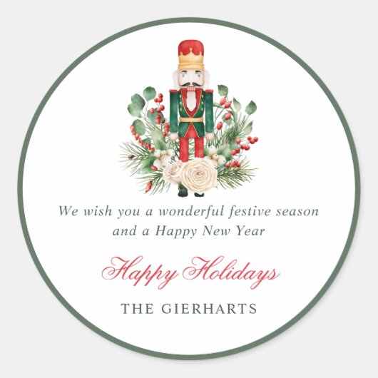 Nutcracker and Greenery Happy Holidays Christmas ラウンドシール (正面)