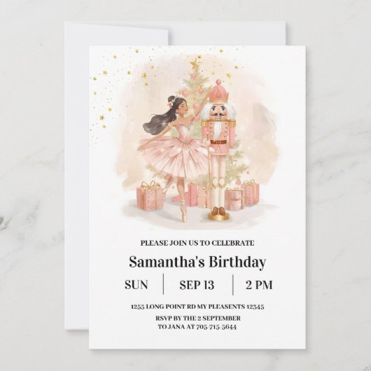 Nutcracker Ballerina Birthday | Pink & Gold 招待状 (正面)