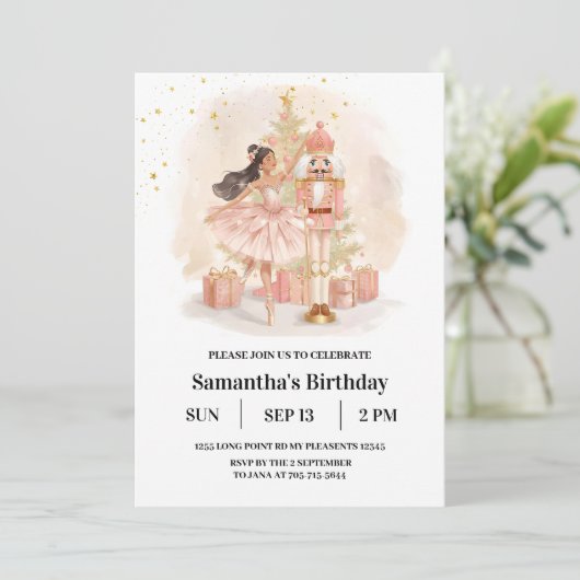 Nutcracker Ballerina Birthday | Pink & Gold 招待状 (スタンド正面)