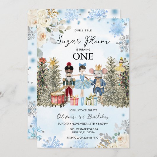  Nutcracker Blue Winter Snowflakes First Birthday  招待状 (正面/裏面)