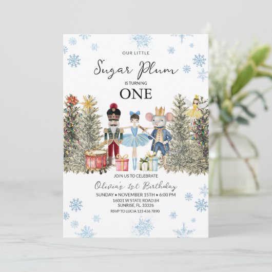 Nutcracker Blue Winter Trees Snowflakes Birthday 招待状 (スタンド正面)