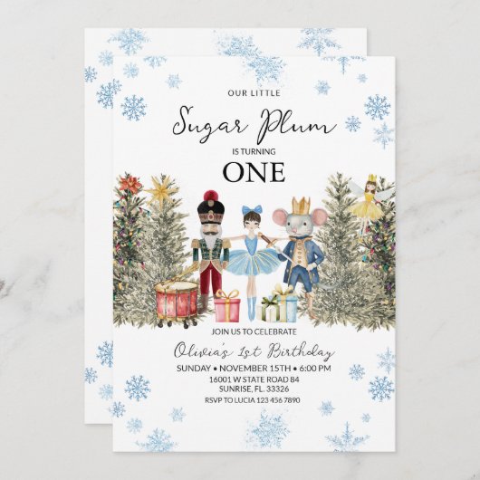 Nutcracker Blue Winter Trees Snowflakes Birthday  招待状 (正面/裏面)