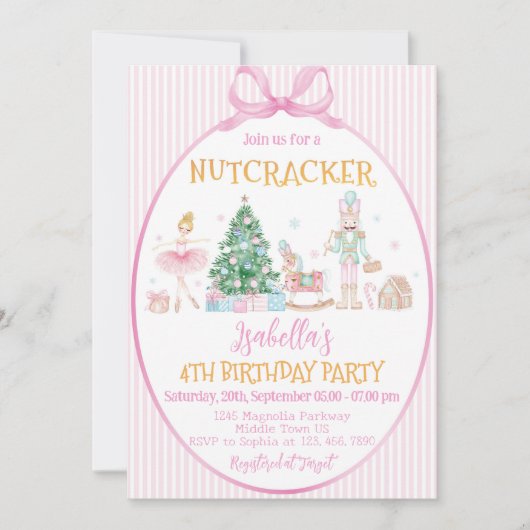 Nutcracker Christmas Pink Girl Birthday Party 招待状 (正面)