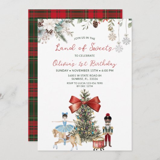 Nutcracker Land of Sweets Ballerina 1st Birthday 招待状 (正面/裏面)