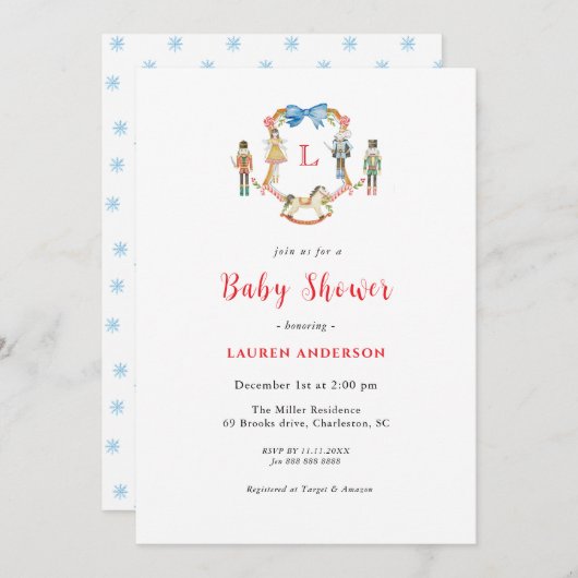 Nutcracker Monogram crest Christmas Baby shower 招待状 (正面/裏面)