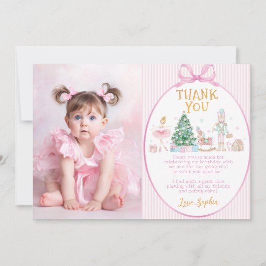 Nutcracker Pink Bow Christmas Birthday Photo サンキューカード (正面)