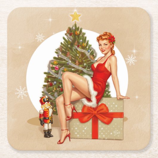 Nutcracker Sweet Retro Pinup Christmas Coaster スクエアペーパーコースター (正面)