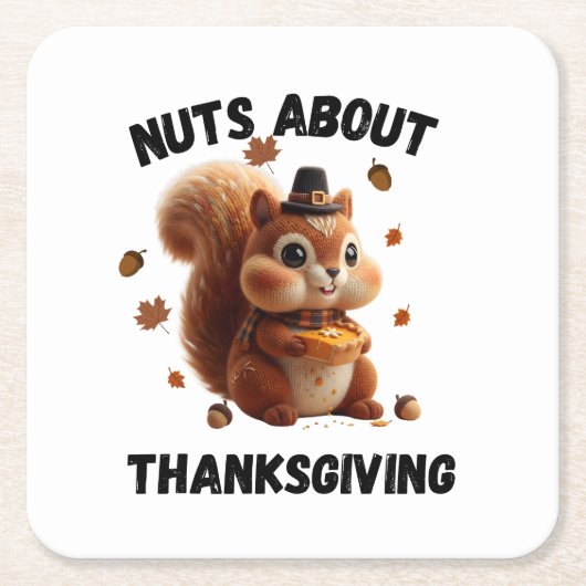 Nuts About Pie – Cute Yarn Squirrel Thanksgiving  スクエアペーパーコースター (正面)