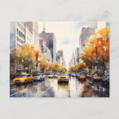 NYの秋/水彩秋の通りタクシー ポストカード (正面)