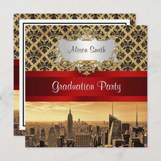 NYシティスカイラインセピアB4ダマスク卒業招待状 招待状 (正面/裏面)