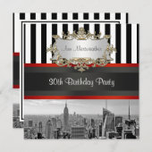 NYシティスカイラインBW白黒ストライプ誕生日 招待状 (正面/裏面)
