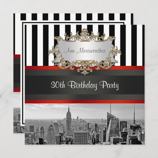 NYシティスカイラインBW白黒ストライプ誕生日 招待状 (正面/裏面)