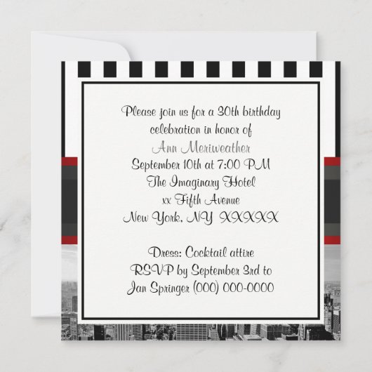 NYシティスカイラインBW白黒ストライプ誕生日 招待状 (裏面)