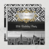 NYシティスカイラインBW 431ダマスク誕生日パーティー 招待状 (正面/裏面)