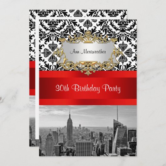 NYシティスカイラインBW 432ダマスク誕生日パーティーV 招待状 (正面/裏面)