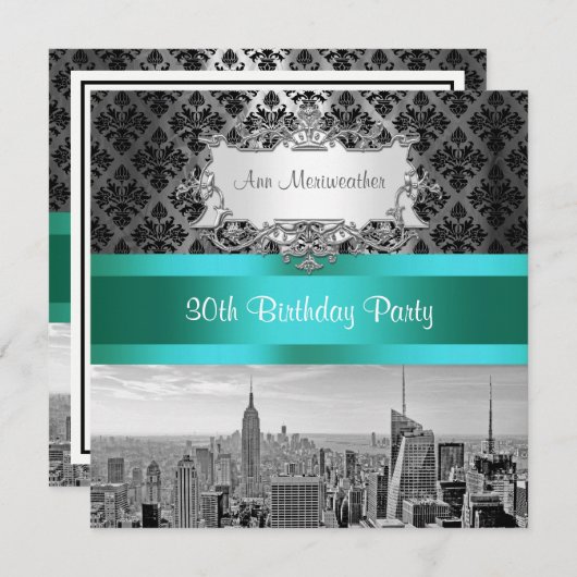 NYシティスカイラインBW B3ダマスクバースデーパーティー招待状 招待状 (正面/裏面)