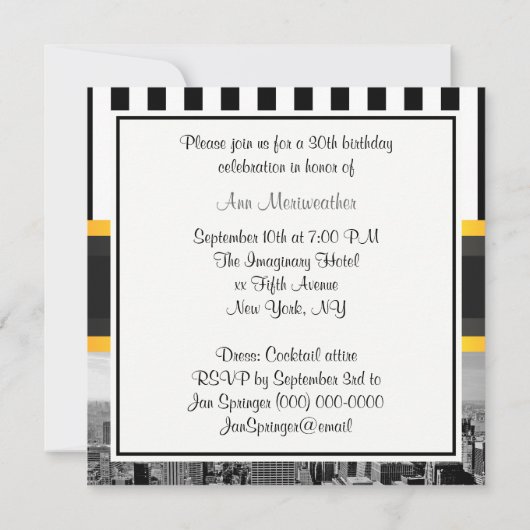 NYシティスカイラインBW Blk Wht Strp黄色誕生日 招待状 (裏面)