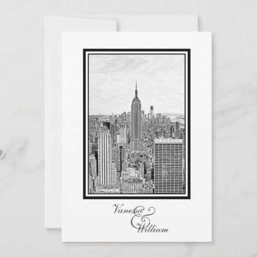 NY City Skyline ESB BW Etched 結婚's 招待状 (正面)