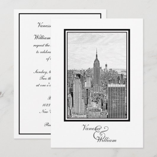 NY City Skyline ESB BW Etched 結婚's 招待状 (正面/裏面)
