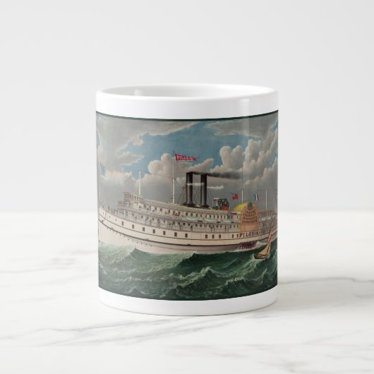 NY Voyage Grand Paddlewheel Steamboat The Pilgrim ジャンボコーヒーマグカップ (正面)