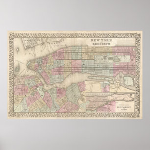 NYCとブルックリンのヴィンテージ地図(1882年) ポスター