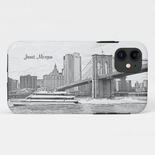 NYCのスカイラインのブルックリン橋のボートは一見#3をエッチングしました Case-Mate iPhoneケース (裏面(横))
