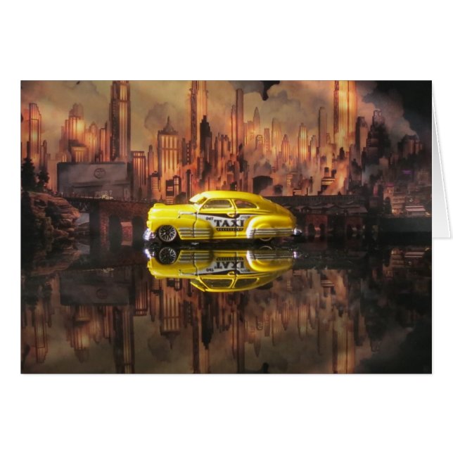 NYCの背景幕の前の40年代のミニチュアタクシー (正面横)