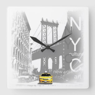Nycの黄色いタクシーのブルックリン橋のポップアートの写真 スクエア壁時計