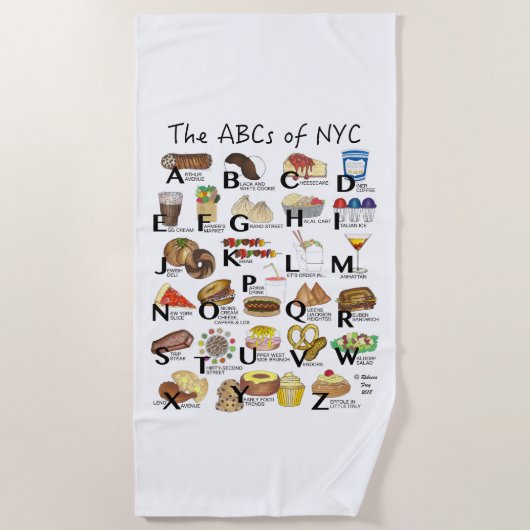 NYCアイコニックのABCニューヨーク市食品アルファベット ビーチタオル (正面)