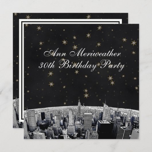 NYCエッチングされたスカイラインブラック金ゴールドスター誕生日 招待状 (正面/裏面)
