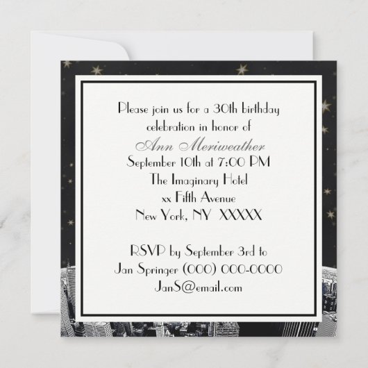 NYCエッチングされたスカイラインブラック金ゴールドスター誕生日 招待状 (裏面)