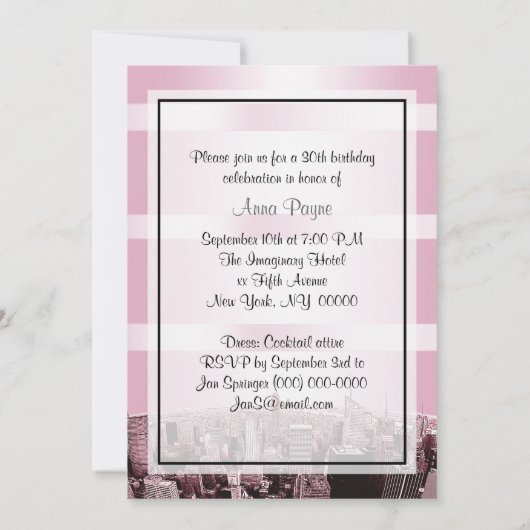 NYCエッチングされたスカイライン2ピンクBG、ブルーリボン誕生日 招待状 (裏面)