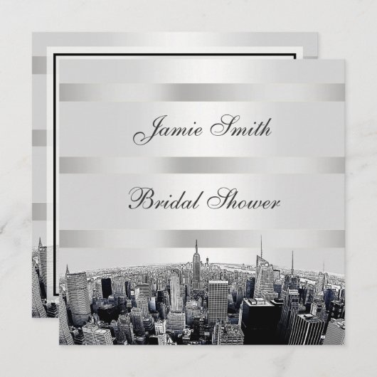 NYCエッチングされたスカイライン2、白黒ブライダルシャワー 招待状 (正面/裏面)