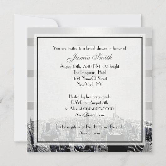 NYCエッチングされたスカイライン2、白黒ブライダルシャワー 招待状 (裏面)