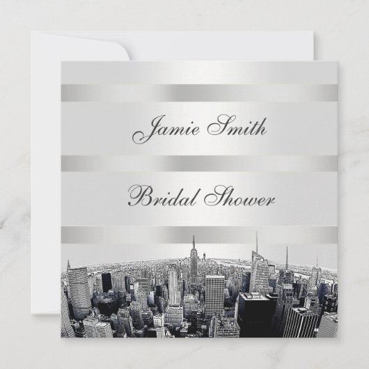 NYCエッチングされたスカイライン2、白黒ブライダルシャワー 招待状 (正面)