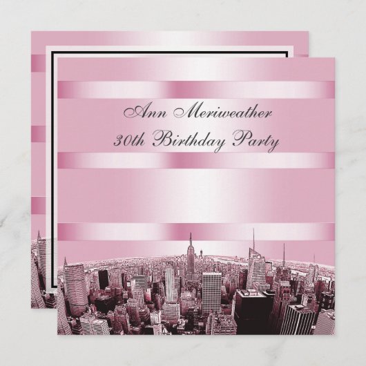 NYCエッチングスカイライン2ピンクブラック誕生日 招待状 (正面/裏面)