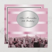 NYCエッチングスカイライン2Aピンクブラック誕生日 招待状 (正面/裏面)