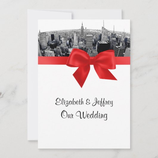 NYCエッチング加工フィッシュアイ・スカイライン BW 赤 結婚式 招待状 (正面)