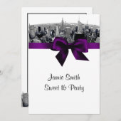 NYCエッチング魚眼スカイラインBWパープルスウィート16 招待状 (正面/裏面)