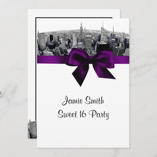 NYCエッチング魚眼スカイラインBWパープルスウィート16 招待状 (正面/裏面)