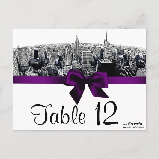 NYCエッチング魚眼スカイラインBWパープルテーブル番号 ポストカード (裏面)
