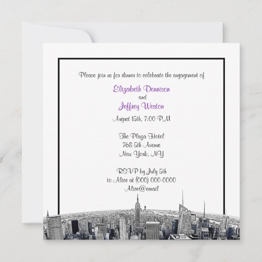 NYCエッチング魚眼スカイラインBWパープル婚約SQ 招待状 (裏面)