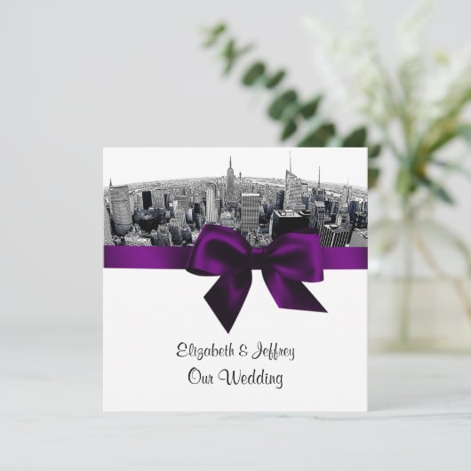 NYCエッチング魚眼スカイラインBWパープル結婚ズSQ 招待状 (スタンド正面)