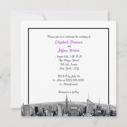 NYCエッチング魚眼スカイラインBWパープル結婚ズSQ 招待状 (裏面)