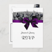 NYCエッチング魚眼スカイラインBW紫RSVP 1 インビテーションポストカード (正面/裏面)
